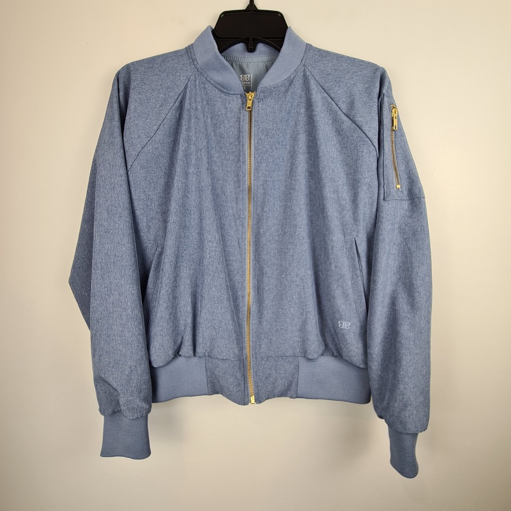 Albion Fit Destination Bomber Jacket Blue Heather Full Zip Stretch Small Lined